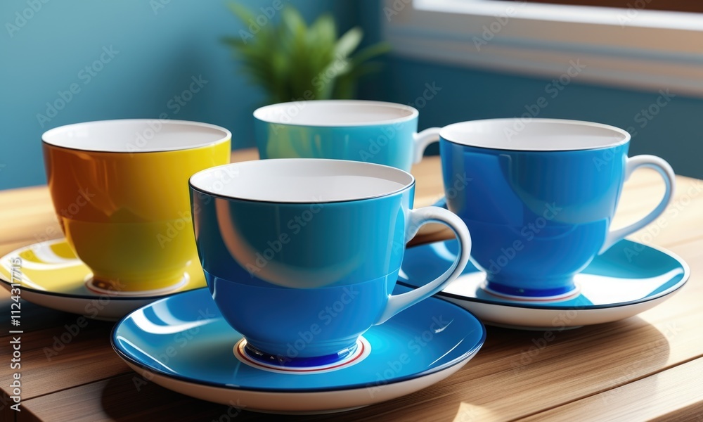 Colorful ceramic mugs on wooden table in sunlit room with green plant Colorful ceramic mugs on wooden table in sunlit room with green plant