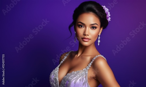 Elegant woman in lavender dress against a vibrant purple background