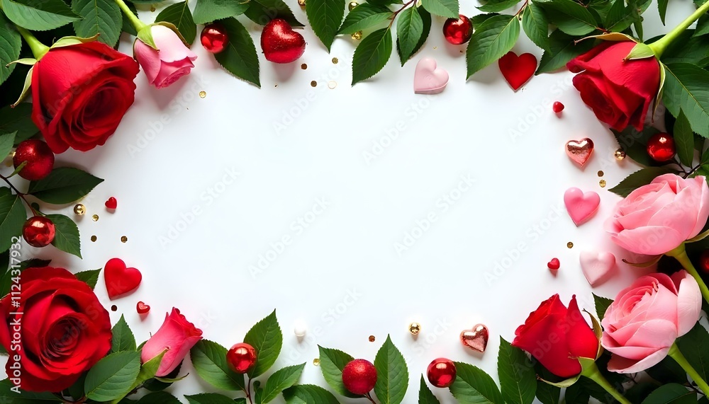 A festive Valentine's Day greeting card template with red and pink roses, hearts and green branches on a white background. Love A festive Valentine's Day greeting card template with red and pink roses, hearts and green branches on a white background. Love