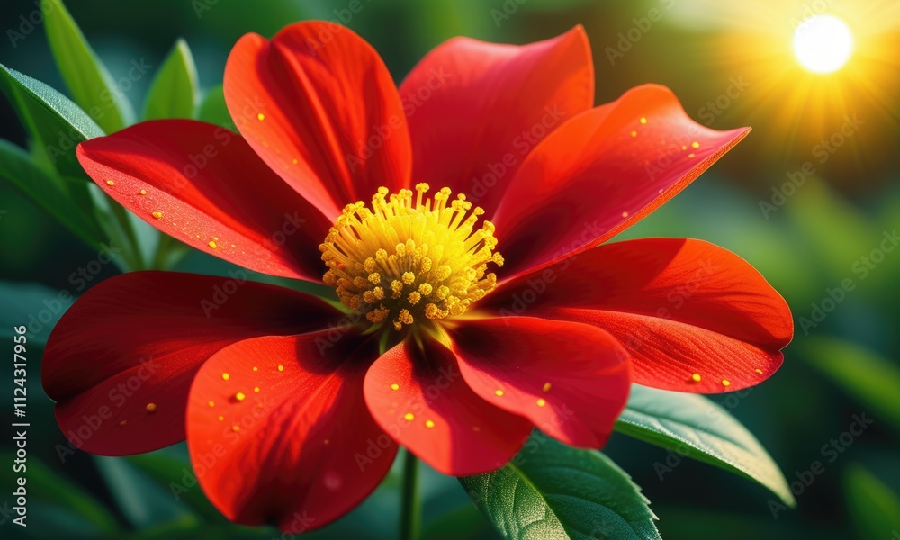 Bright red dahlia bloom with sunlight in lush green garden setting Bright red dahlia bloom with sunlight in lush green garden setting