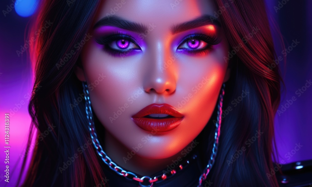 Futuristic portrait of woman with vibrant neon lighting and bold makeup Futuristic portrait of woman with vibrant neon lighting and bold makeup