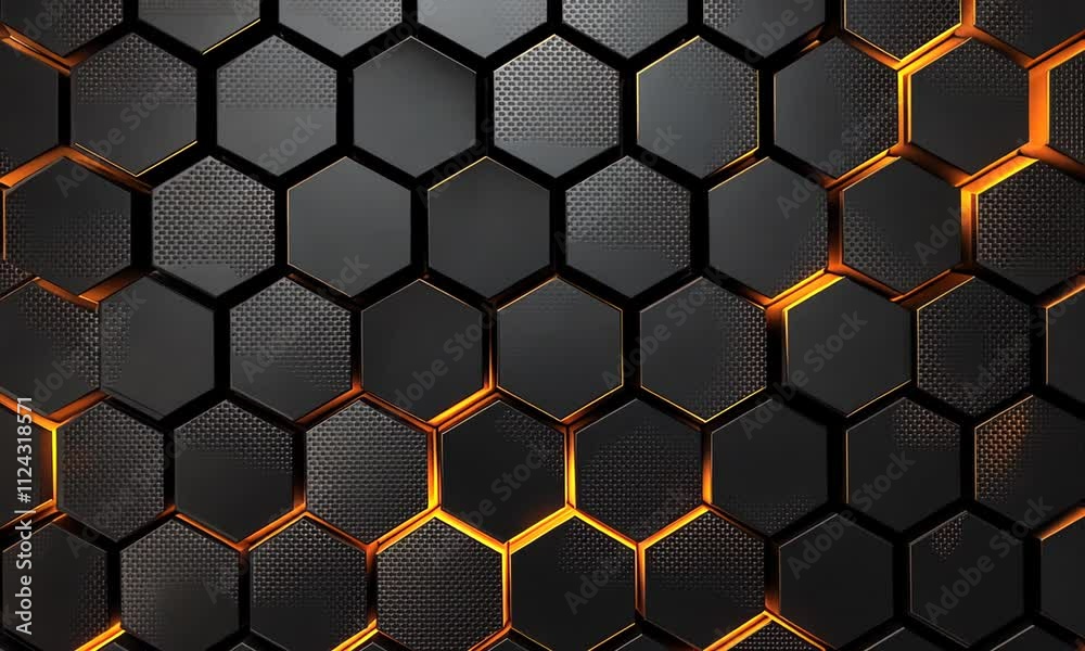 Abstract black hexagon pattern with orange glow. Abstract black hexagon pattern with orange glow.