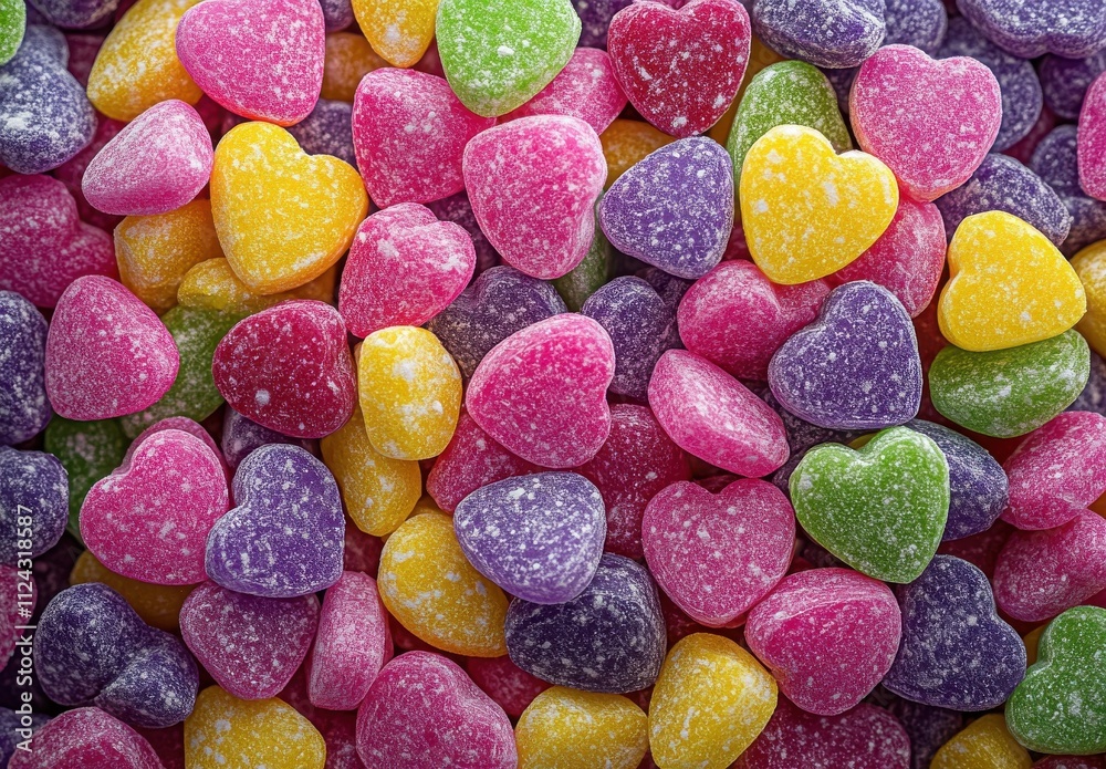 Colorful Heart-Shaped Candies Spread Across a Surface, Showcasing Bright Pink, Yellow, Green, Purple, and Red Confections for Sweet Treat Lovers and Celebrations Colorful Heart-Shaped Candies Spread Across a Surface, Showcasing Bright Pink, Yellow, Green, Purple, and Red Confections for Sweet Treat Lovers and Celebrations
