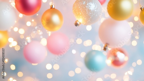 Festive Christmas Ornaments with Warm Decorative Lights Sparkling in Soft Pastel Tones