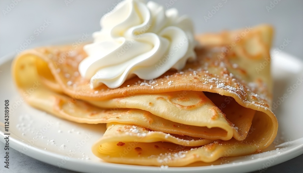 Delicious crepes with sugar and whipped cream Delicious crepes with sugar and whipped cream
