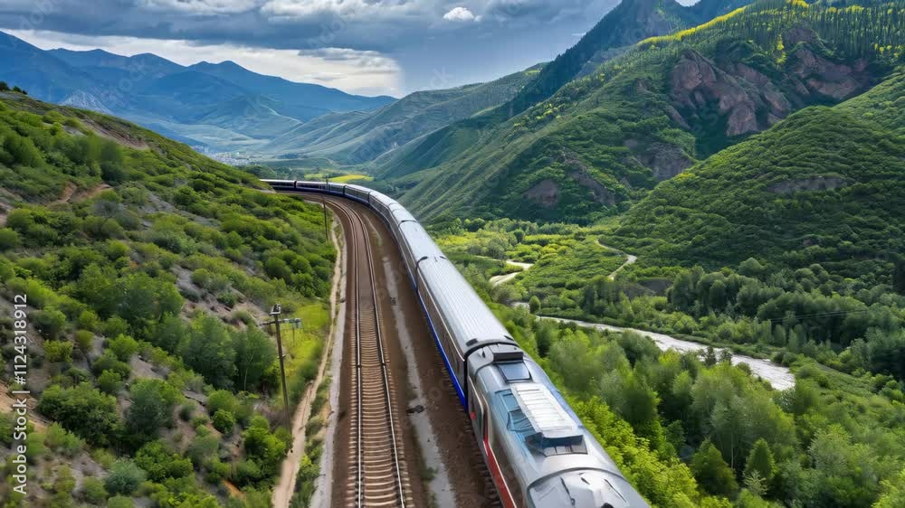 aerial view of red train on the mountain railroad with beautiful view