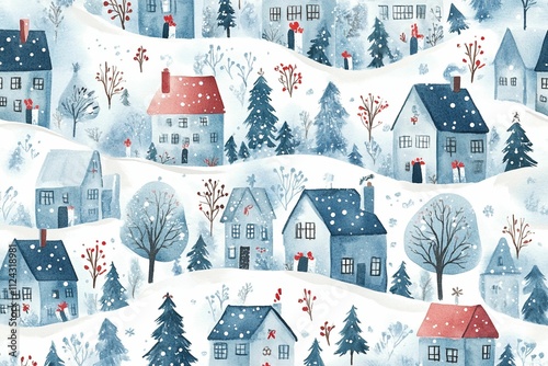A whimsical watercolor holiday card design featuring a snowy village scene with charming houses