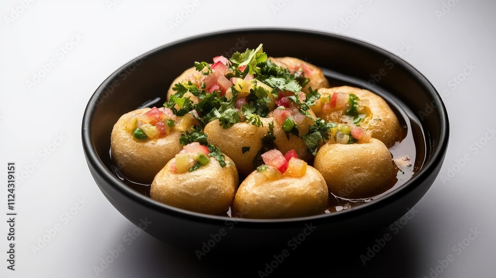 Deliciously Crafted Indian Snack Showcasing Crispy Puris Filled with Spicy Water and Topped with Fresh Chopped Vegetables and Herbs in a Stylish Black Bowl Deliciously Crafted Indian Snack Showcasing Crispy Puris Filled with Spicy Water and Topped with Fresh Chopped Vegetables and Herbs in a Stylish Black Bowl