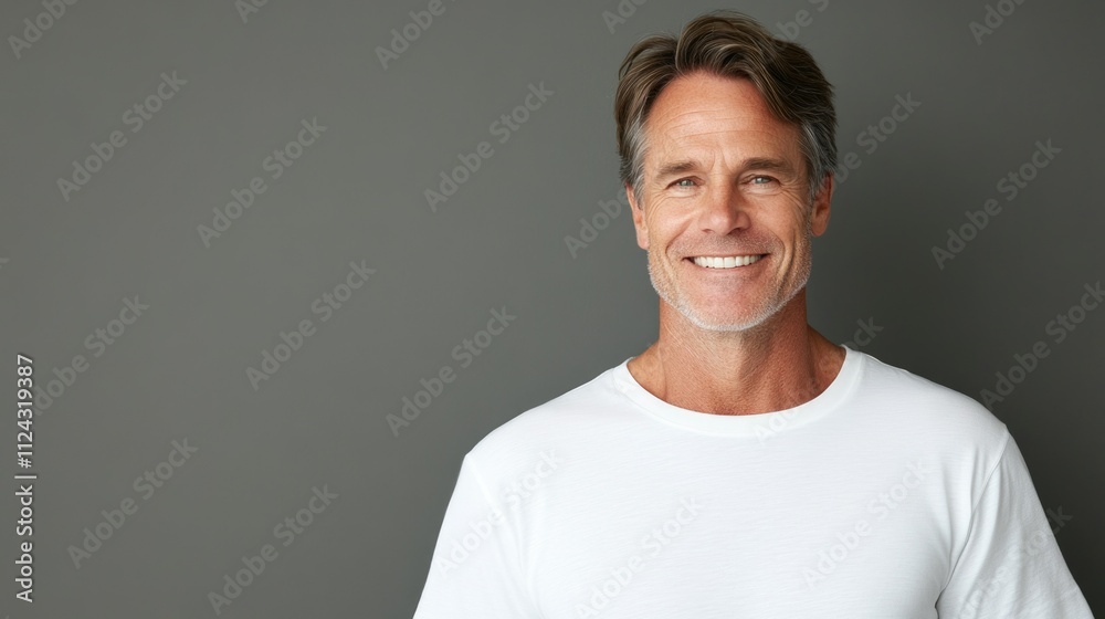 Confident Man Smiling in Casual T-Shirt Confident Man Smiling in Casual T-Shirt