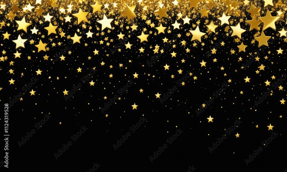 Golden starry cascade on black background creating a festive and elegant atmosphere Golden starry cascade on black background creating a festive and elegant atmosphere