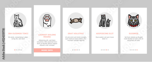 cat breeding genetics cattery onboarding mobile vector pedigree lineage, purebred hybrid, mating selection, traits coat, temperament health cat breeding genetics cattery illustrations
