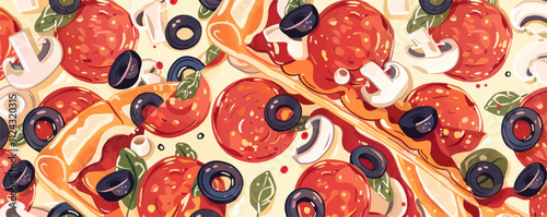 Delicious pizza slices with various toppings like pepperoni, mushrooms, and olives, fun and appetizing, flat, vector illustration, seamless pattern background design.