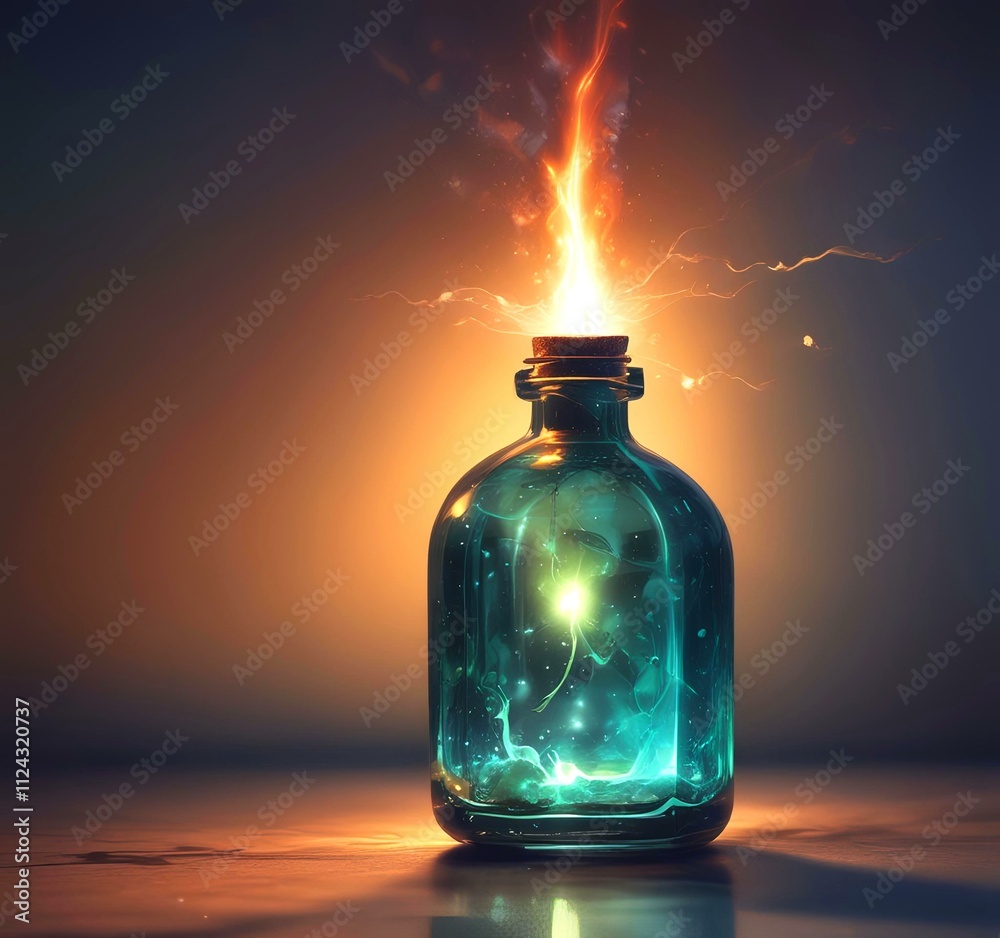 Illustration of bottle with magic spark inside. Illustration of bottle with magic spark inside.