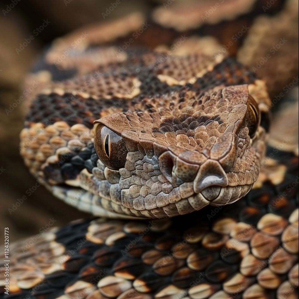 Close-up of a venomous Gabonese viper with a bright camouflage pattern Close-up of a venomous Gabonese viper with a bright camouflage pattern