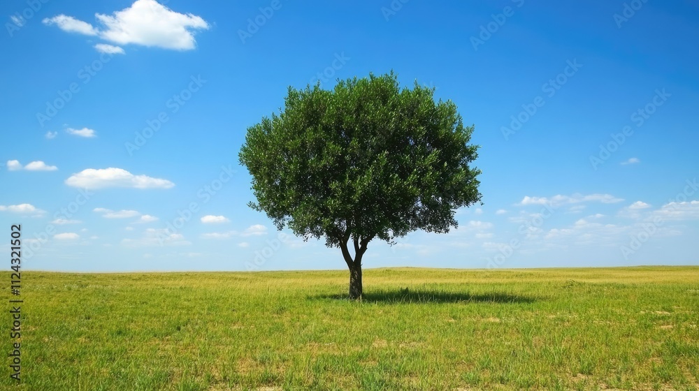 Lush Green Isolated Tree Against a Bright Blue Sky with White Clouds and Expansive Grassland Landscape in a Peaceful Natural Setting Lush Green Isolated Tree Against a Bright Blue Sky with White Clouds and Expansive Grassland Landscape in a Peaceful Natural Setting