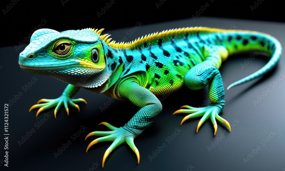 Vivid green lizard with blue spots on dark background Vivid green lizard with blue spots on dark background