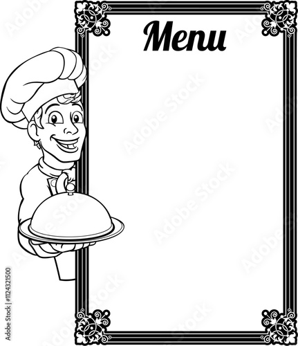 A chef cook man cartoon character peeking around a background menu sign and holding a domed cloche food tray