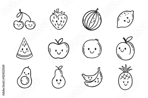 Fruits funny characters with a smile doodle hand drawn icon set. Different variable fruits happy smiling drawing clipart outline element.
