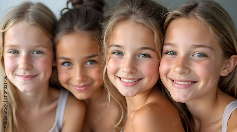 Fototapeta premium Joyful Portrait of Four Young Friends Sharing Laughter and Smiles in Bright Natural Light