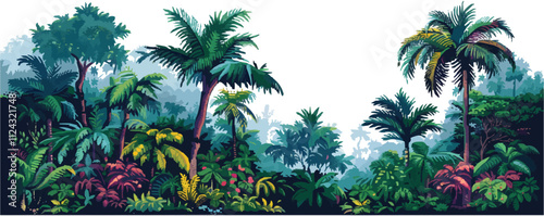Depict a pixel art of a tropical rainforest, pixel art on white isolated background, vector design.