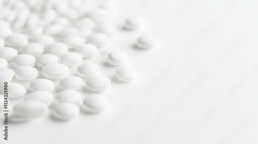 A detailed close-up of medication pills scattered on a white surface, Minimalist style, photo of A detailed close-up of medication pills scattered on a white surface, Minimalist style, photo of