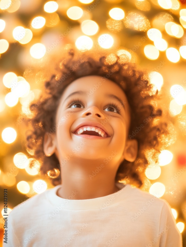 Joyful Child Gazing Upward Amidst Sparkling Holiday Lights