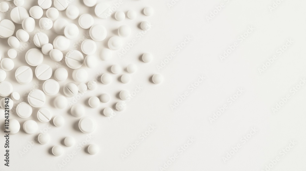 A detailed close-up of medication pills scattered on a white surface, Minimalist style, photo of A detailed close-up of medication pills scattered on a white surface, Minimalist style, photo of