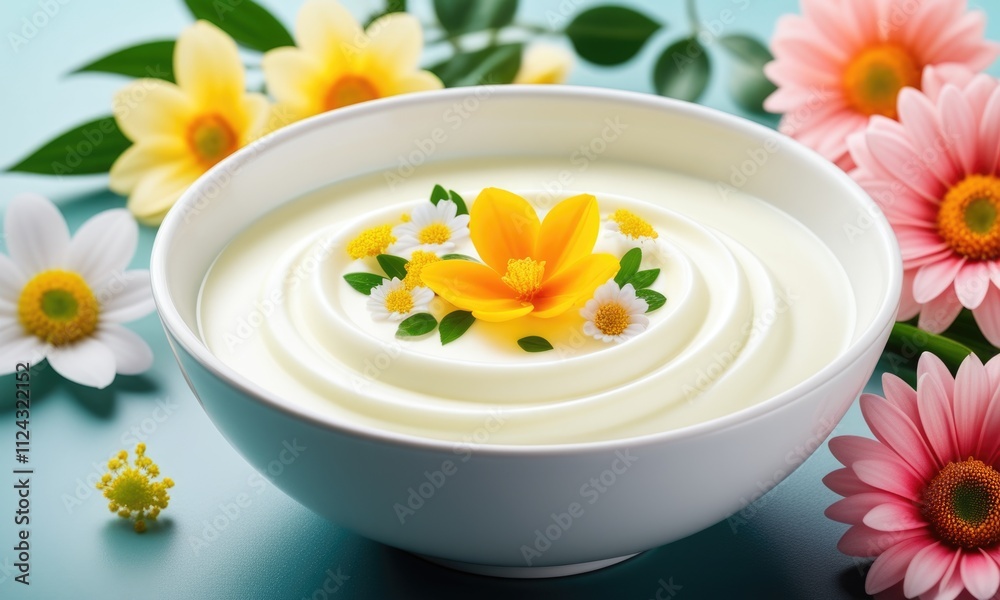 Vibrant floral yogurt bowl with fresh daisies and blossoms on a pastel green background Vibrant floral yogurt bowl with fresh daisies and blossoms on a pastel green background