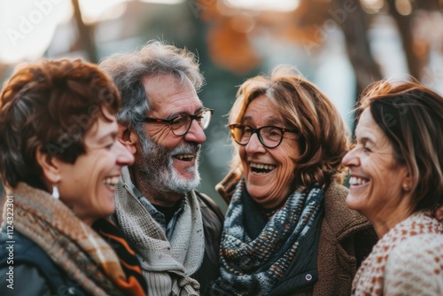 Group of senior friends having fun in the park. They are laughing and looking at camera.