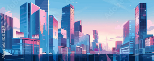 dern architecture poster, sleek skyscrapers and urban design, contemporary cityscapes, flat, vector illustration. V
