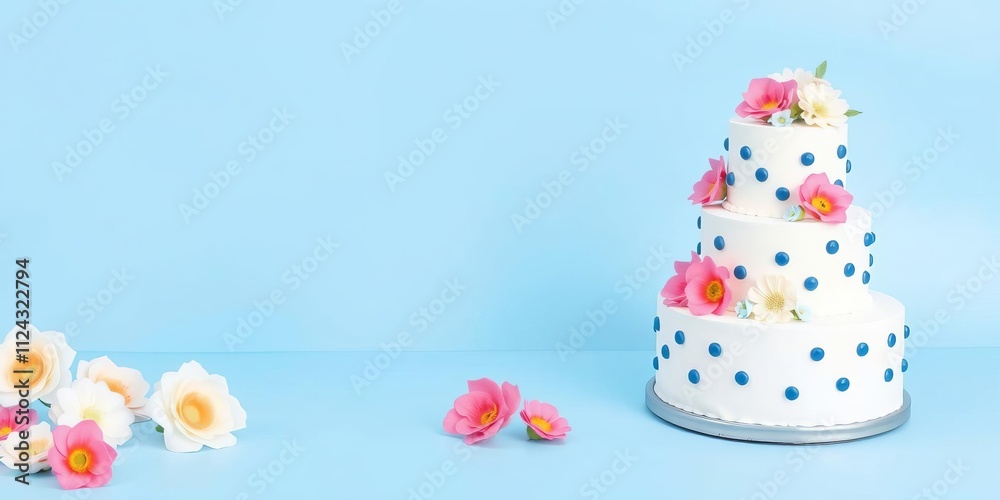 Three tier cake white with blue spots, adorned with flowers on blue background, bakery, dessert Three tier cake white with blue spots, adorned with flowers on blue background, bakery, dessert