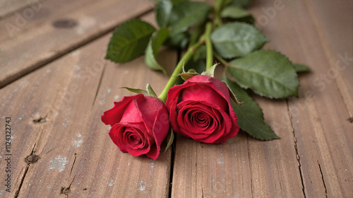 Red roses on wooden surface for a romantic Valentine’s Day gift symbolizing the concept of love
