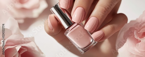 Young Woman hands hold Neutral color nail polish bottles,Creative flat lay of fashion bright nail polishes,Minimal style,Nude tones color,Beauty blogger concept,beauty,fashion,Copy space.