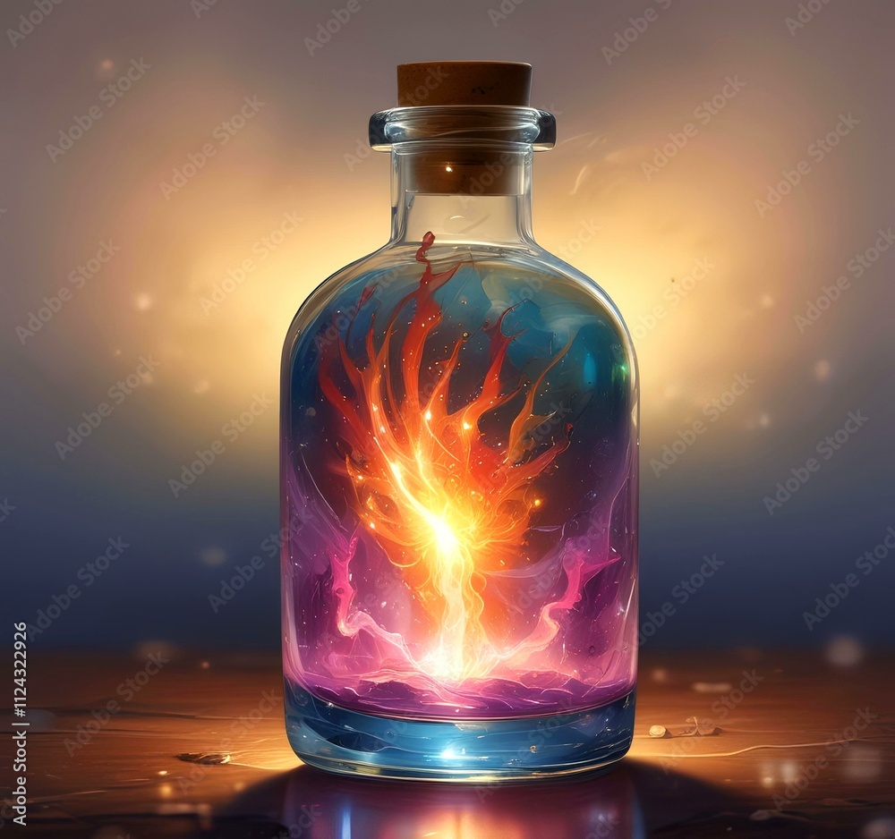 Illustration of bottle with magic spark inside. Illustration of bottle with magic spark inside.