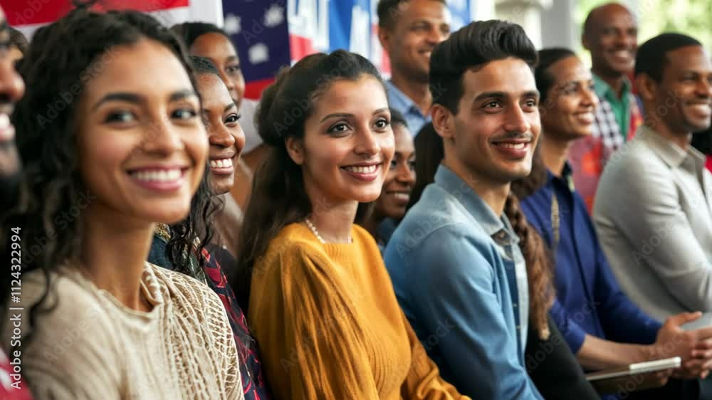 Spanish woman standing with other diverse people smiling standing together at city street, multicultural culture Spanish woman standing with other diverse people smiling standing together at city street, multicultural culture