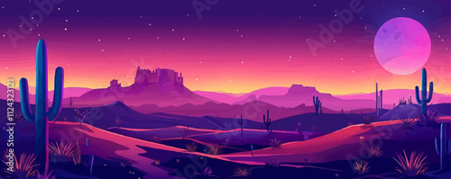 Desert landscape, cacti, sand dunes, and night sky, serene nature, neon style, vector illustration, flat style.