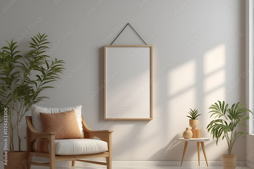 Full White Mockup of a Photo Frame, Hanging on a Clean Wall With Subtle Lighting. Tropis Vibes Full White Mockup of a Photo Frame, Hanging on a Clean Wall With Subtle Lighting. Tropis Vibes