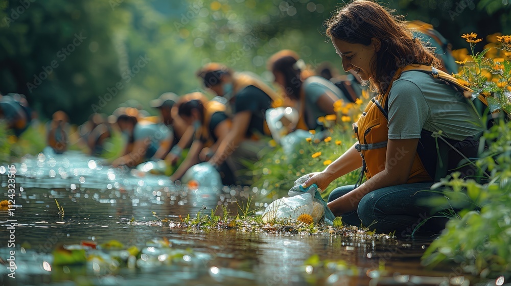 A diverse group of people of various ethnicities cleaning up litter along a tranquil riverbank, surrounded by lush greenery, wildflowers, and clear, flowing water, all joyfully working together. A diverse group of people of various ethnicities cleaning up litter along a tranquil riverbank, surrounded by lush greenery, wildflowers, and clear, flowing water, all joyfully working together.