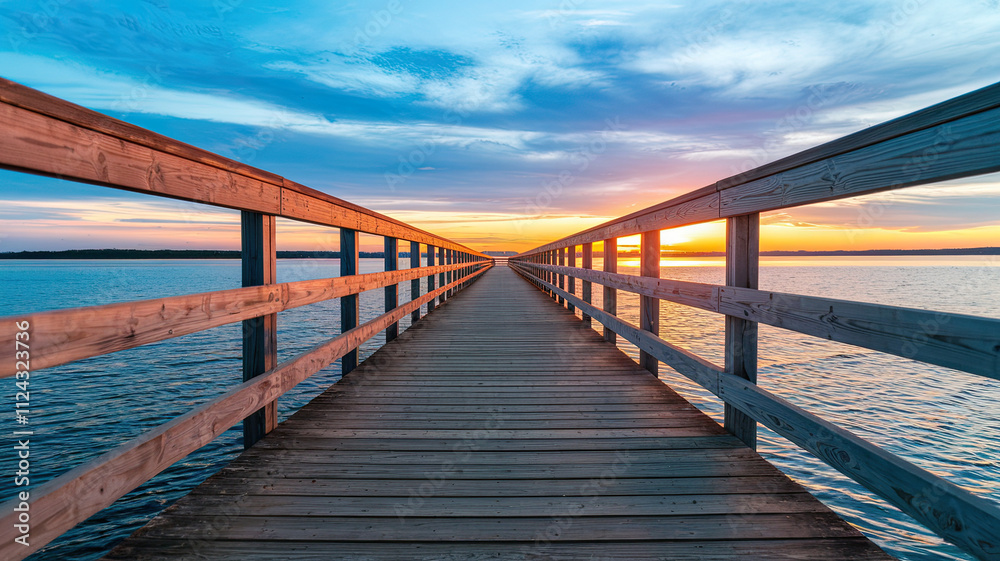 Obraz premium Serene Scene of Wooden Pier Extending Over Calm Waters at Sunset, Weathered Planks with Curved Design Leading to Horizon, Sky Reflecting on Water in Gradient Hues, Tranquil and Peaceful Ambiance