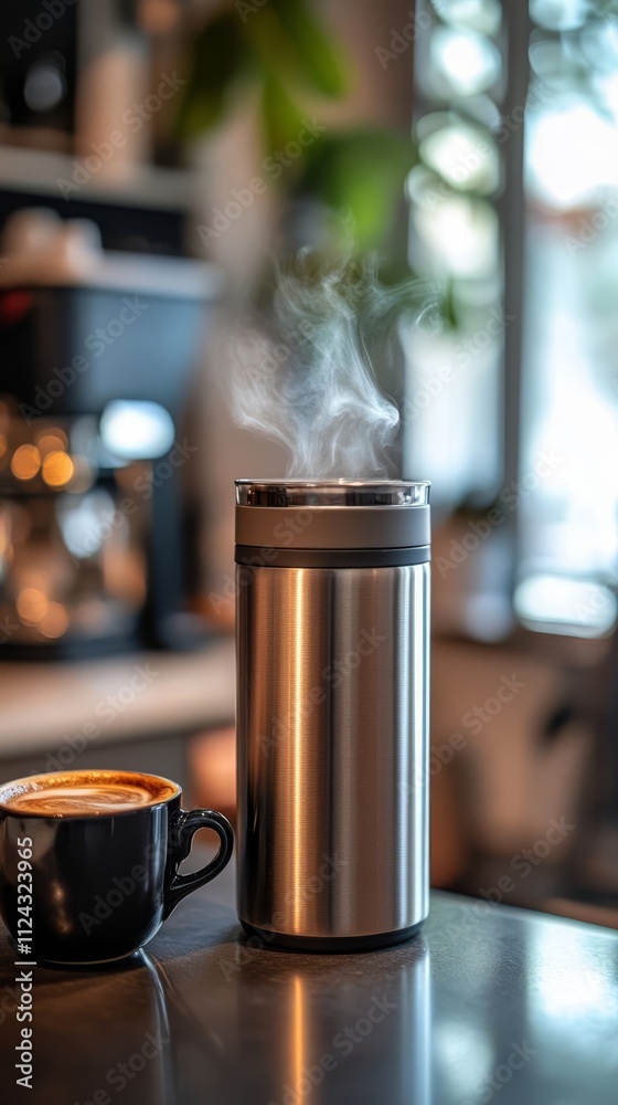 Steaming coffee in a thermos. Steaming coffee in a thermos.