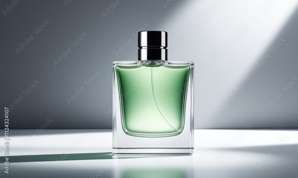Elegant green perfume bottle highlighted in soft light for contemporary appeal Elegant green perfume bottle highlighted in soft light for contemporary appeal