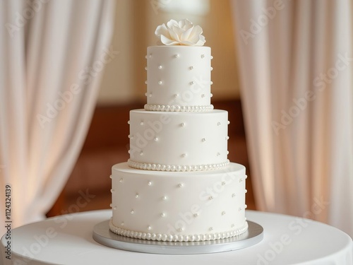 Three tier white wedding cake adorned with elegant polka dots designed by artificial intelligence, wedding, three tier photo