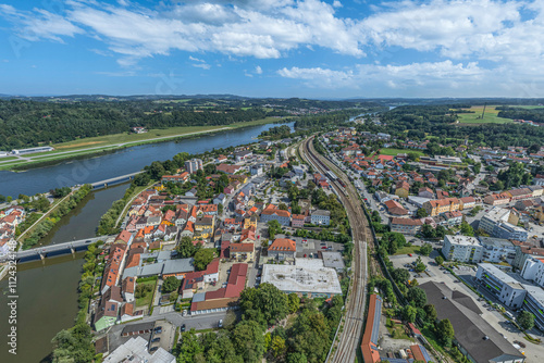 Die niederbayerische Stadt Vilshofen an der Donau von oben photo