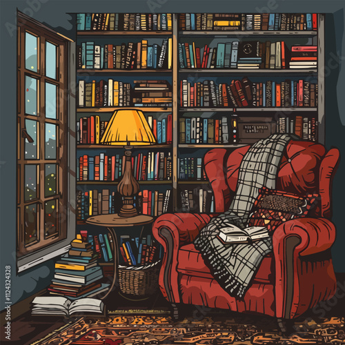 Design a cozy reading nook with books, lamps, and comfy chairs, great for literary and educational promotions, hand-drawn vector art.