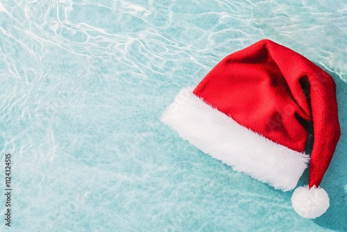 Top view of a Santa hat floating on a turquoise blue water surface.