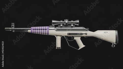 A customized off-white rifle with a purple grip and mounted scope, displayed against a black backdrop. photo