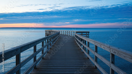 Serene Scene of Wooden Pier Extending Over Calm Waters at Sunset, Weathered Planks with Curved Design Leading to Horizon, Sky Reflecting on Water in Gradient Hues, Tranquil and Peaceful Ambiance