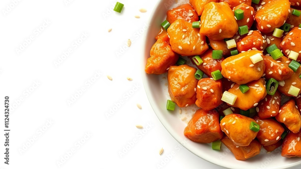 Top view of Chinese food General Tso's chicken with crispy chicken chunks coated in a tangy and spicy sauce, garnished with sesame seeds and green onions, crispy, spicy Top view of Chinese food General Tso's chicken with crispy chicken chunks coated in a tangy and spicy sauce, garnished with sesame seeds and green onions, crispy, spicy