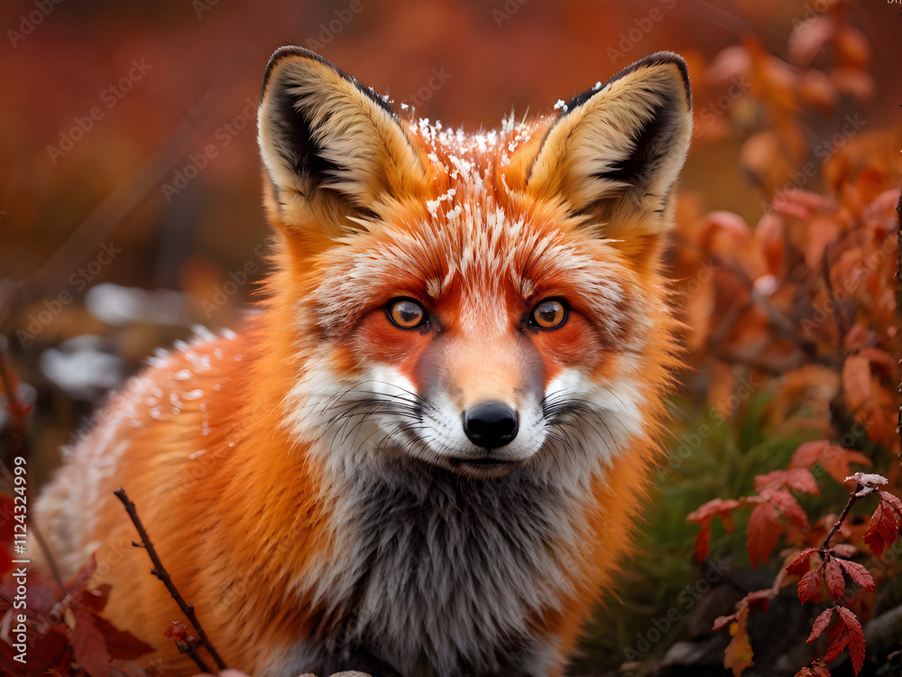 Fototapeta premium Red fox, Vulpes vulpes in autumn tundra close up detailed