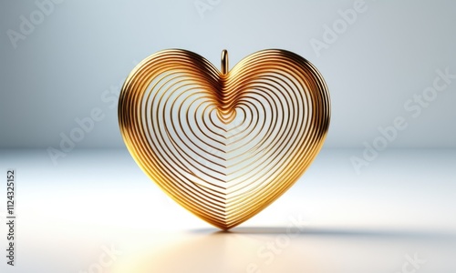 Elegant golden heart sculpture with intricate geometric lines on minimalist background